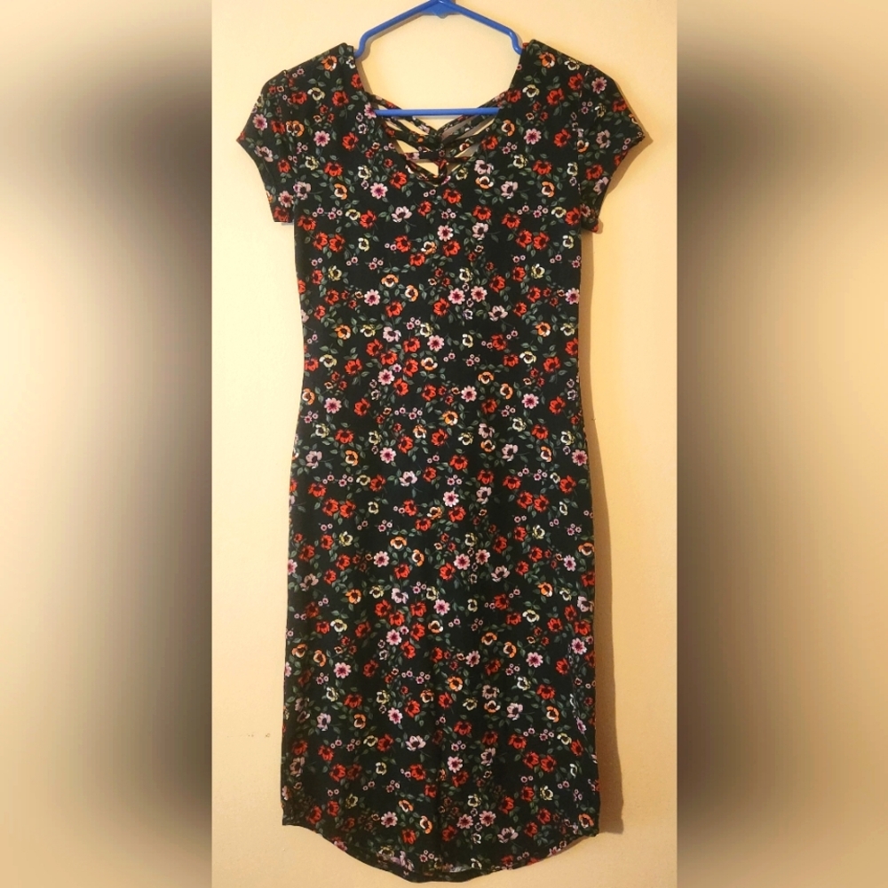 Black Floral Cross-Back Midi Dress